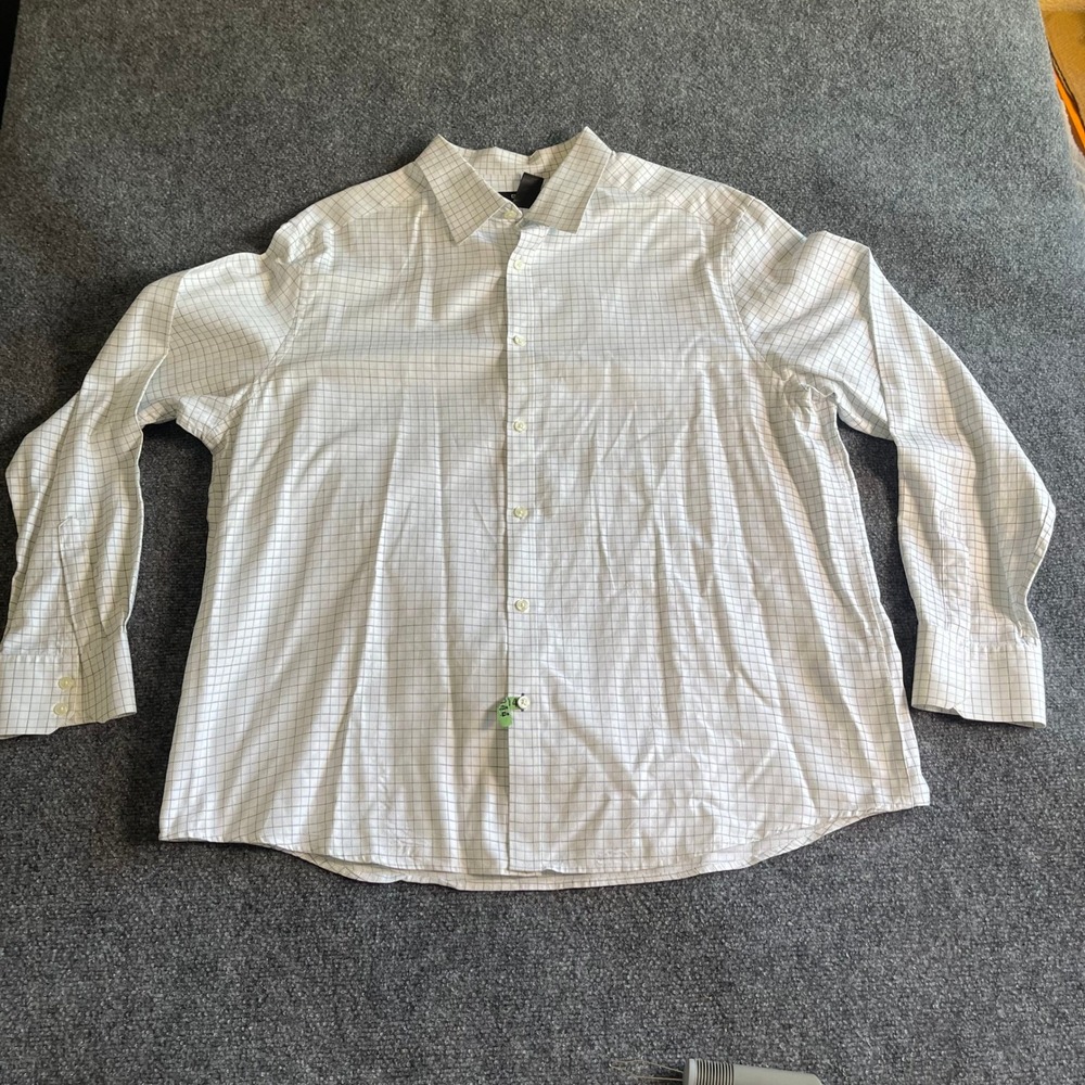 Claiborne Mens XXL White Blue‎ Grid Check Button Down Long Sleeve Dress Shirt